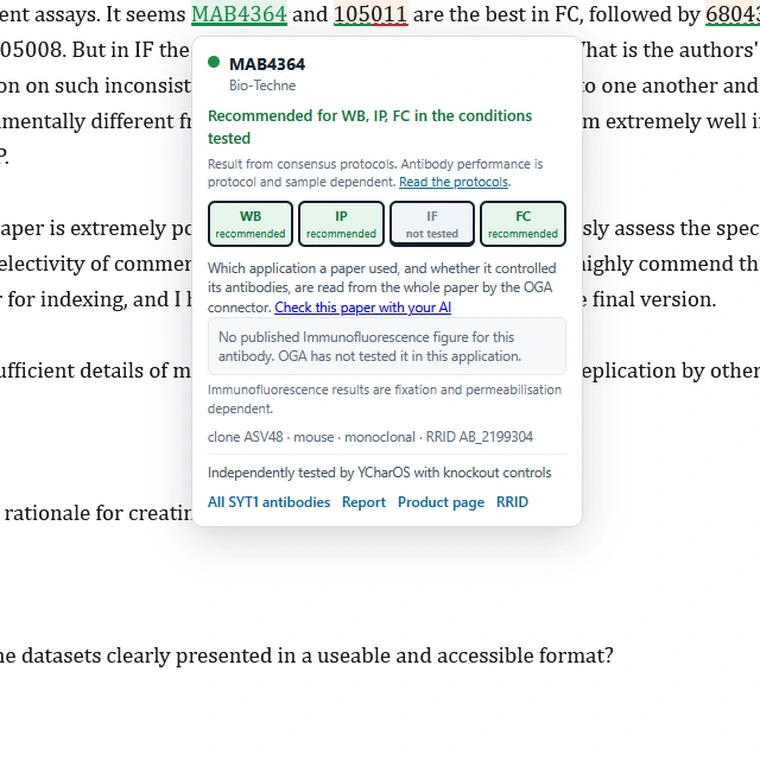 A card recommending an antibody for three applications, with the fourth tab stating no immunofluorescence figure has been published.